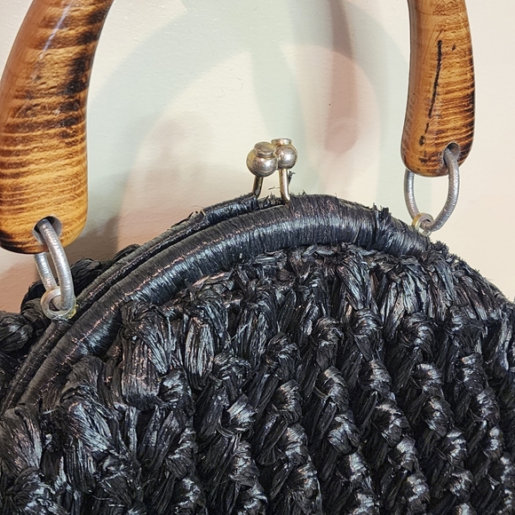 Vintage Wood Handle Purse Made in Japan Black Woven Acrylic Bowling Bag Shape - Picture 6 of 10